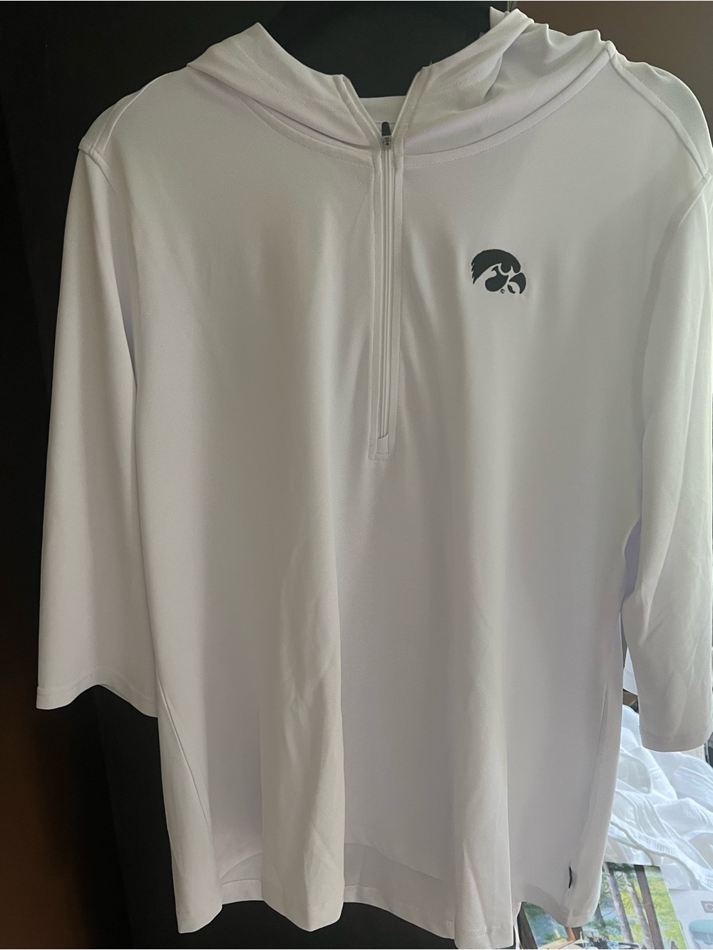 Cutter & Buck white Iowa Hawkeyes Hooded 1/4 Zip Pullover with Tiger Hawk logo